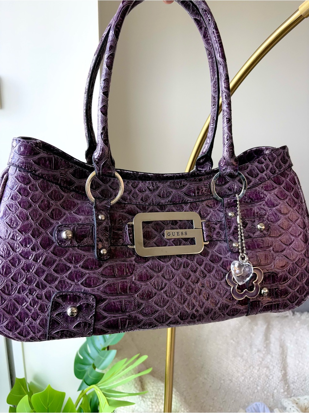 Vintage Y2K GUESS Purple Plum Croc Satchel Shoulder Bag Large G Charm Rare 2000s - Picture 14 of 14